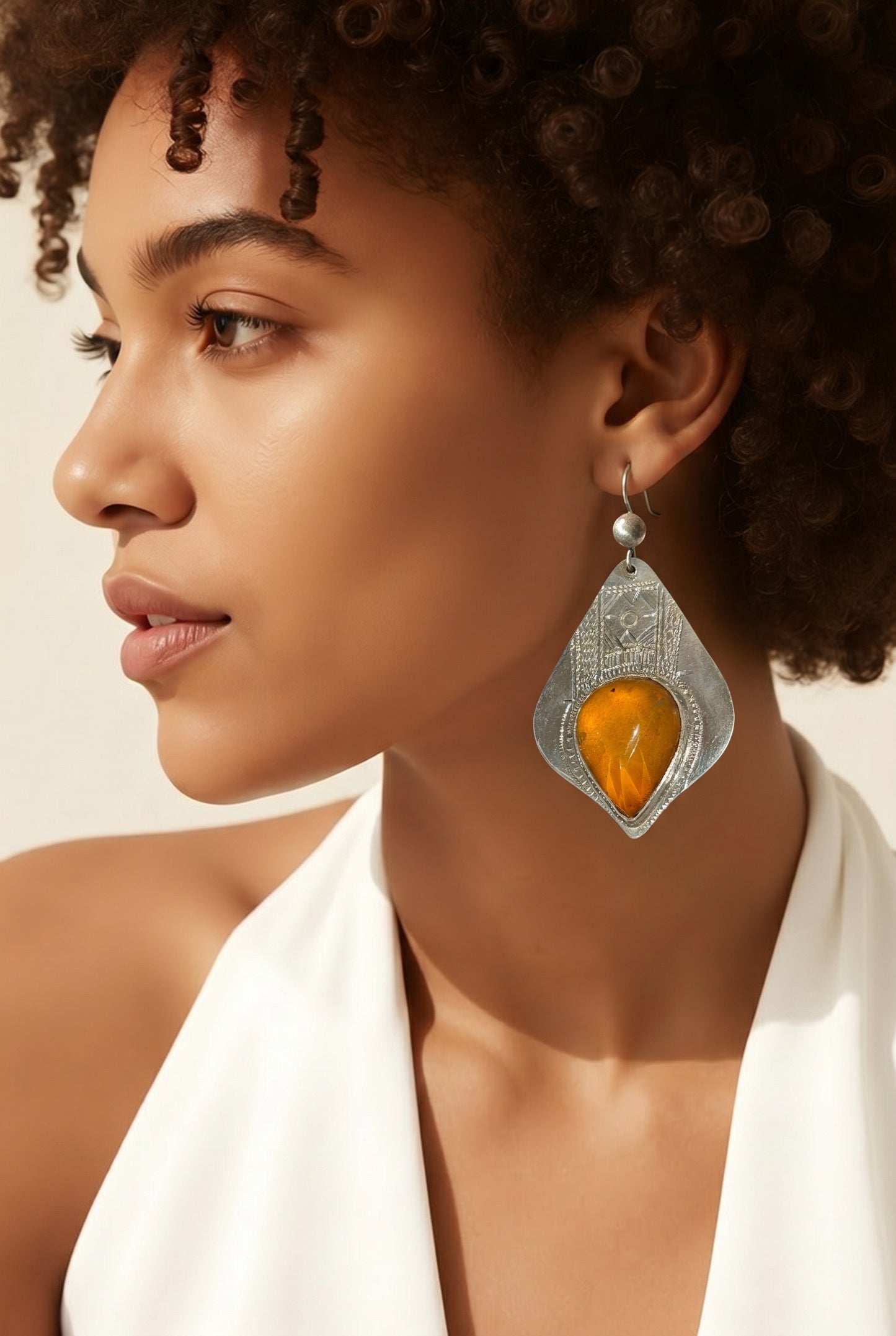 BALTIC AMBER SILVER ENGRAVED EARRINGS