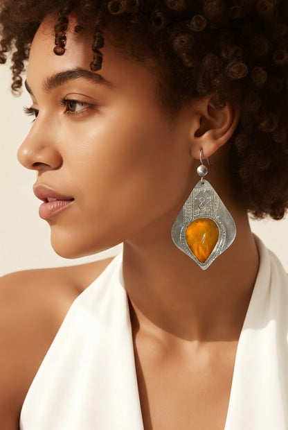 BALTIC AMBER SILVER ENGRAVED EARRINGS