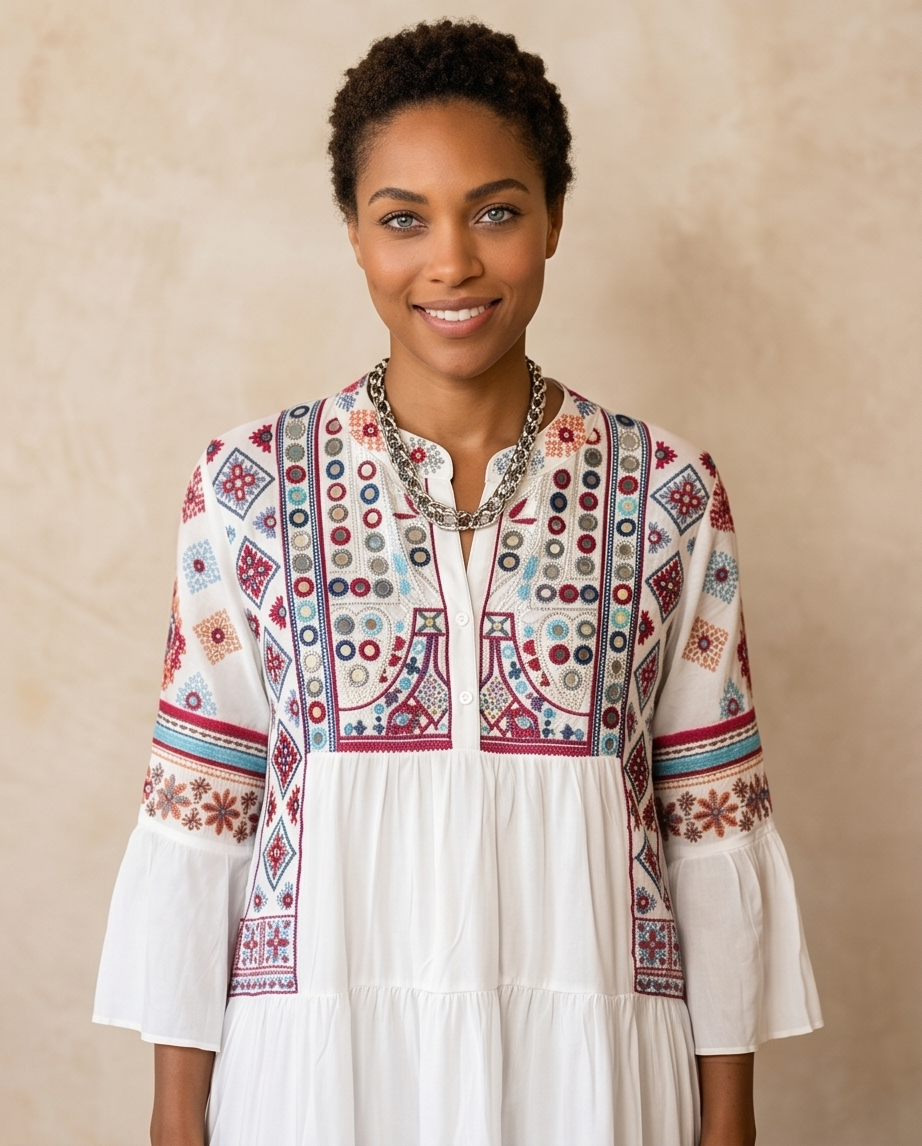 EMBROIDERED TIERED DRESS
