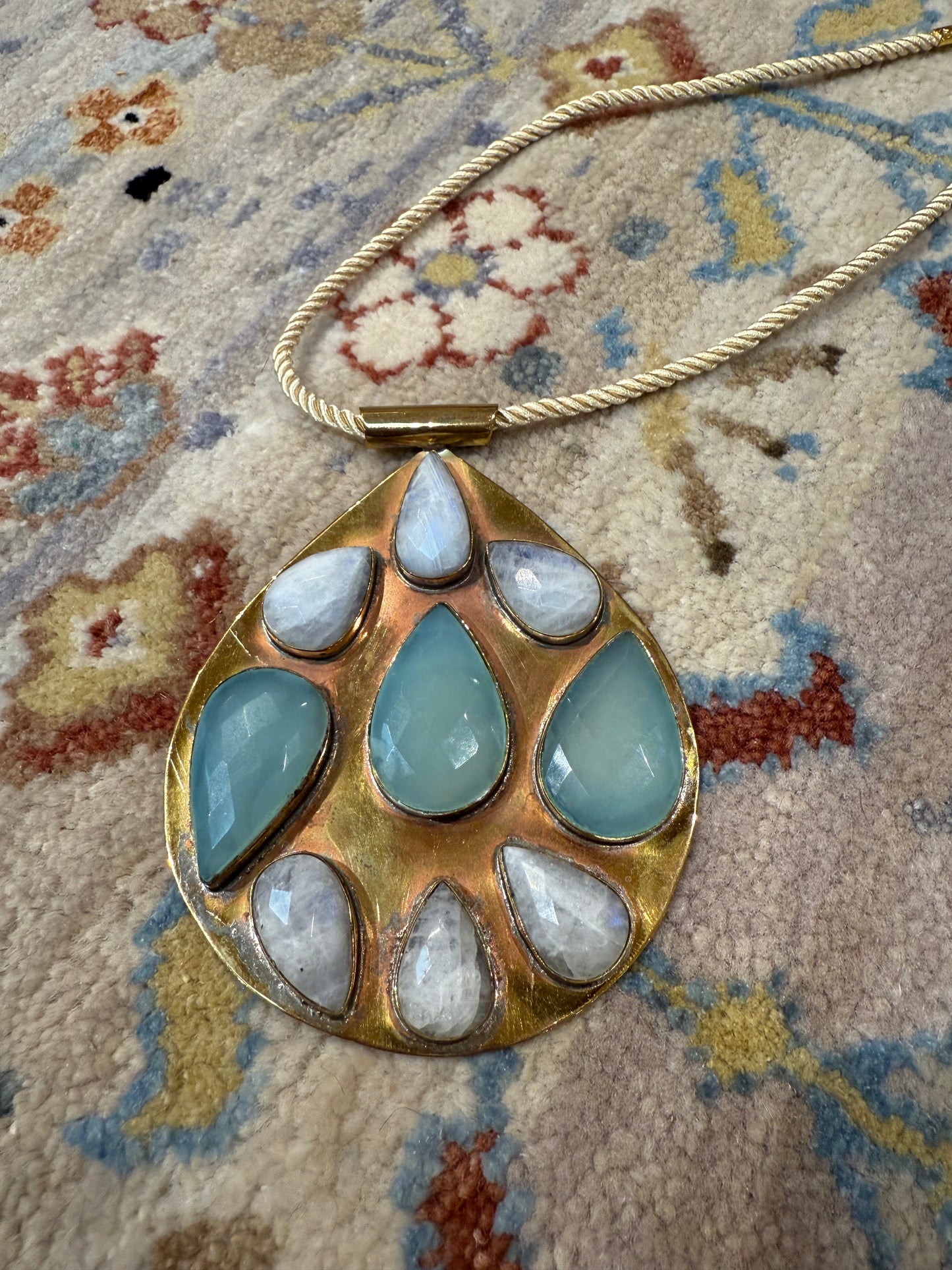 BIG BRASS TEARDROP GEMSTONE PENDANT NECKLACE