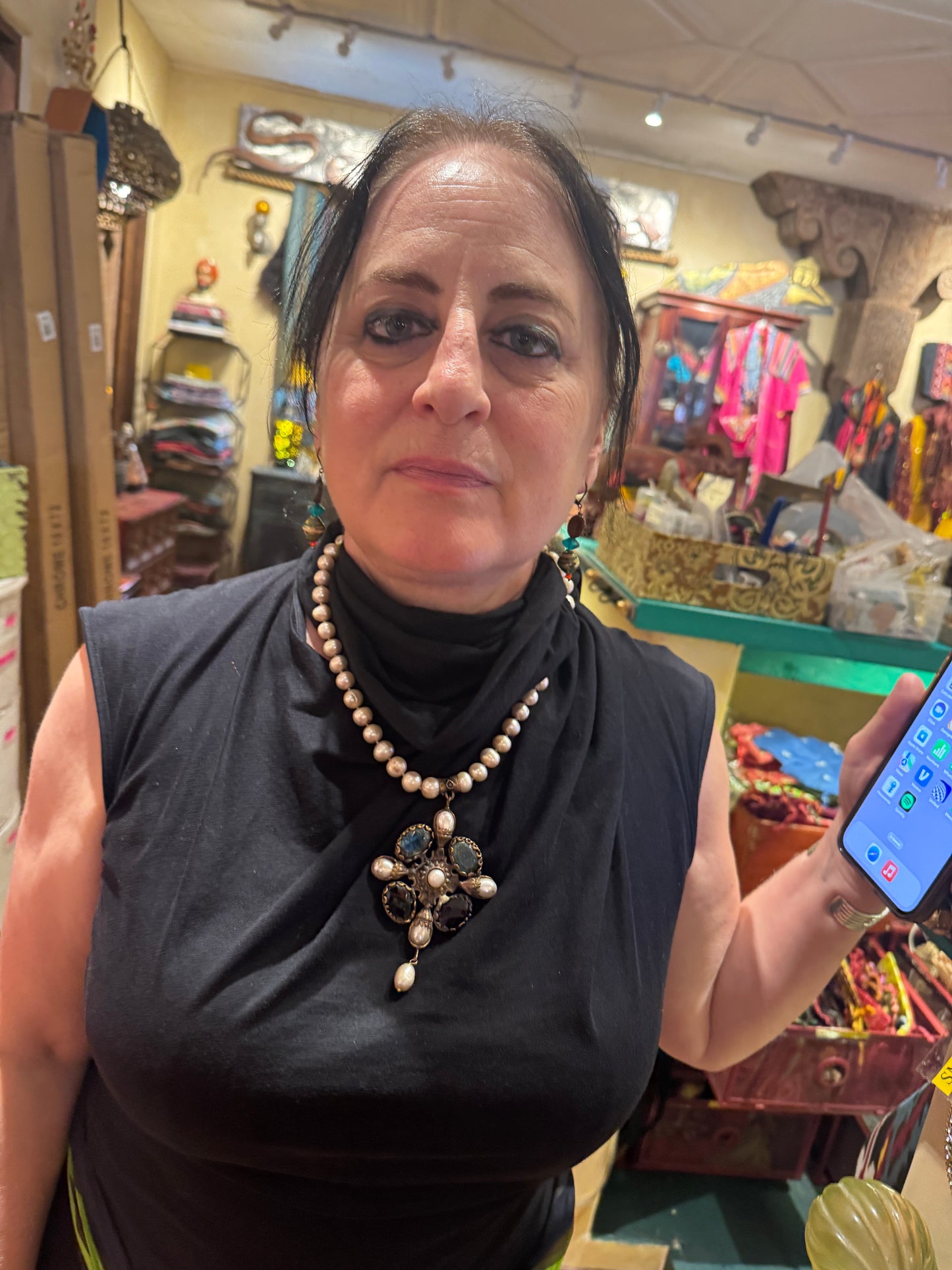 GEM ENCRUSTED BYZANTINE CROSS HAND KNOTTED PEARLS NECKLACE