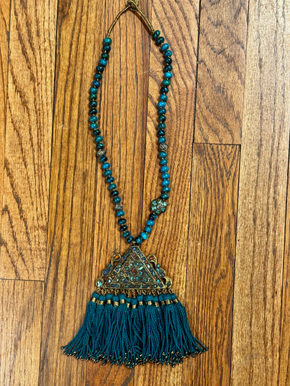 TEAL TURQ TRIANGLE TASSEL VTG MOSAIC PEND NECK