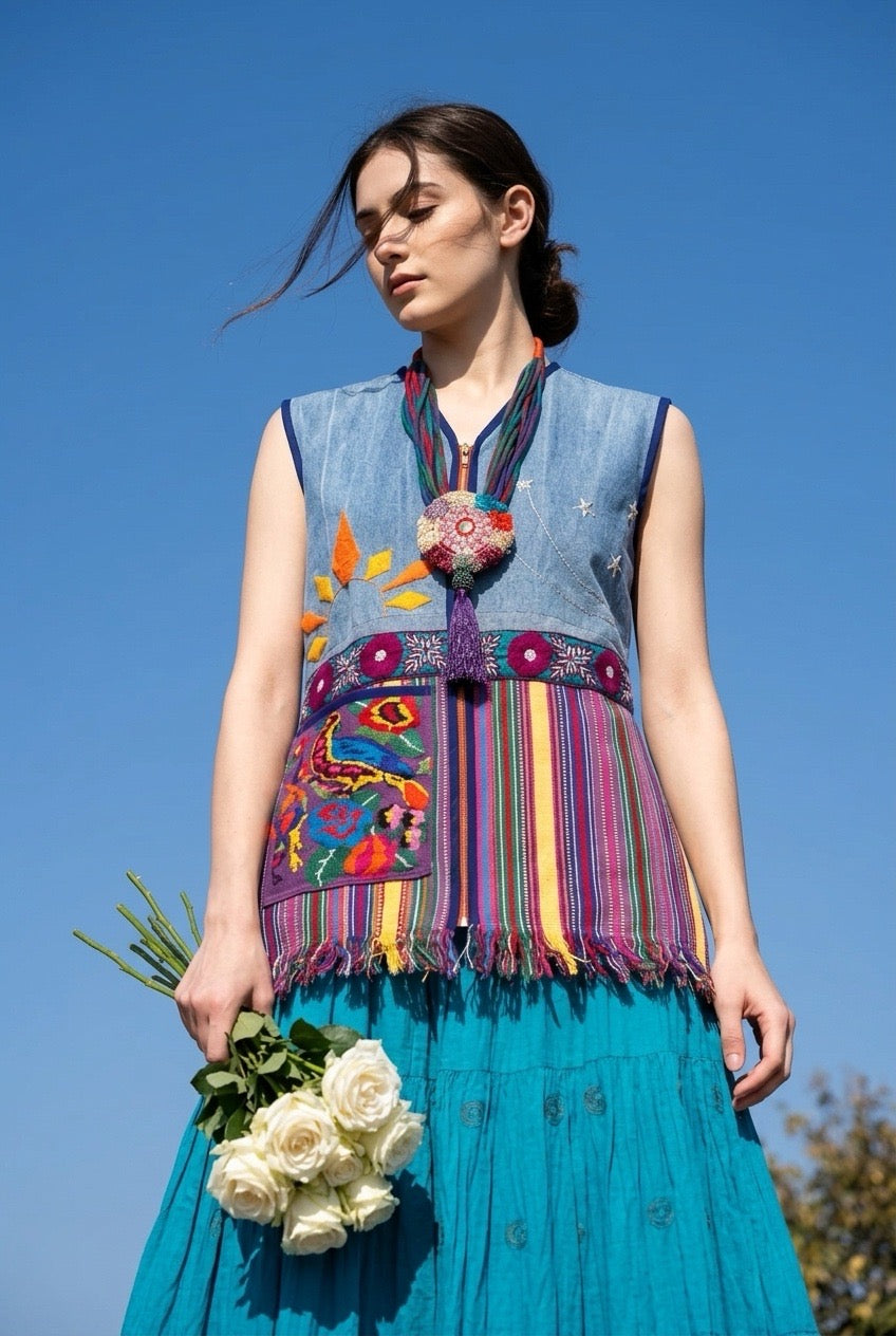 SUN MOON BIRD HUIPIL UPCYCLED VEST