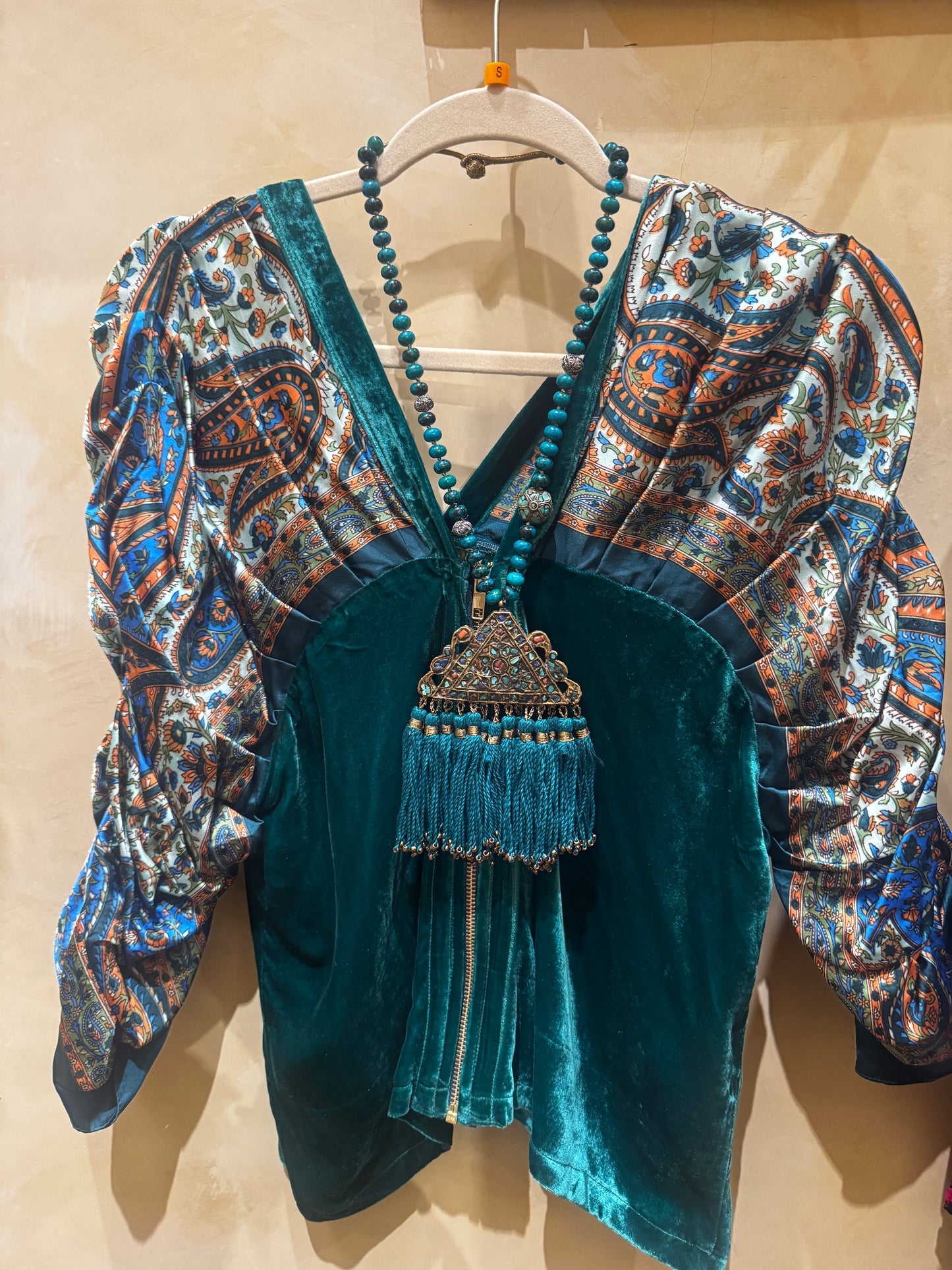 TEAL TURQ TRIANGLE TASSEL VTG MOSAIC PEND NECK
