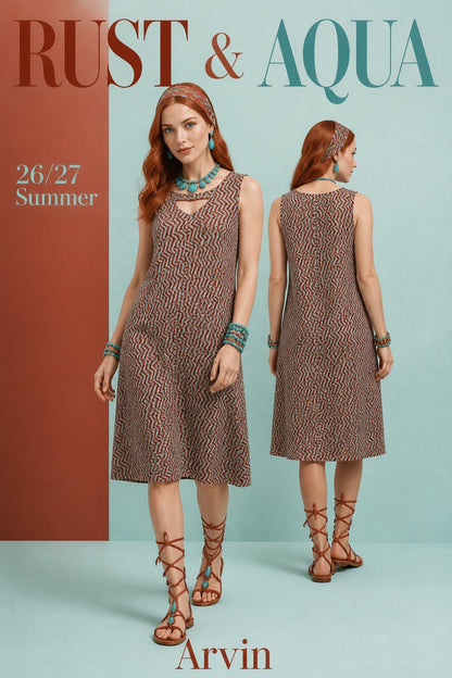 RUST AND GREEN AQUA HERRINGBONE SLIP DRESS