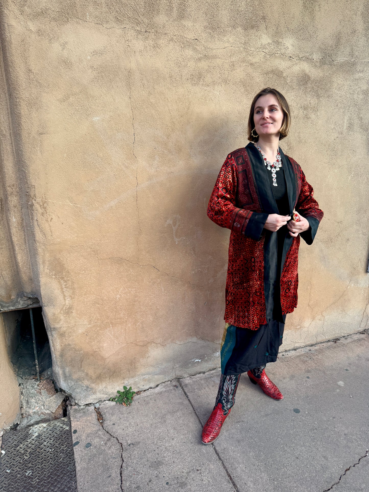 LUXE VELVET RED HAND EMBROIDERED SWING COAT
