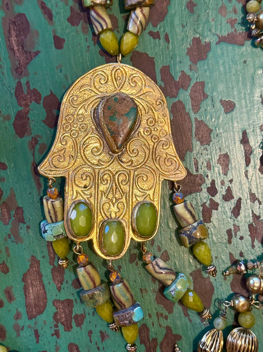 GOLDEN HAMSA AND EARTHLY DELIGHTS NECKLACE