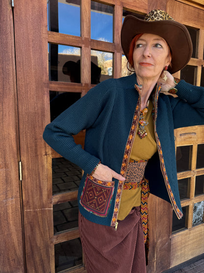 TEAL TRIBAL TRIMMED ZIP CARDIGAN