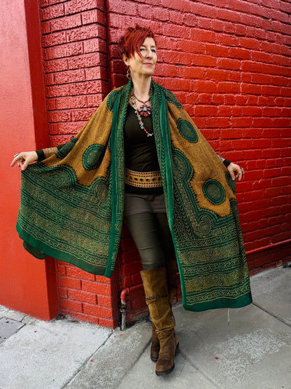 GREEN AND GOLD SILK SPARKLE BANDHANI SHAWL