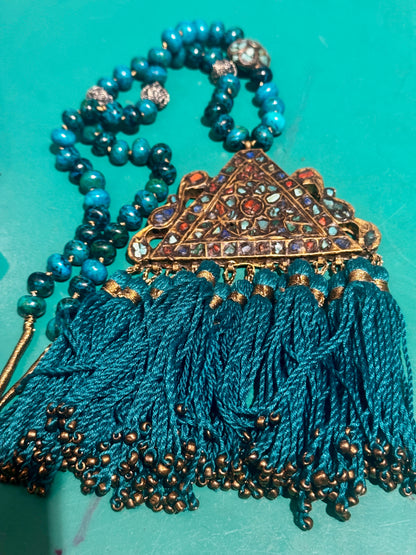 TEAL TURQ TRIANGLE TASSEL VTG MOSAIC PEND NECK