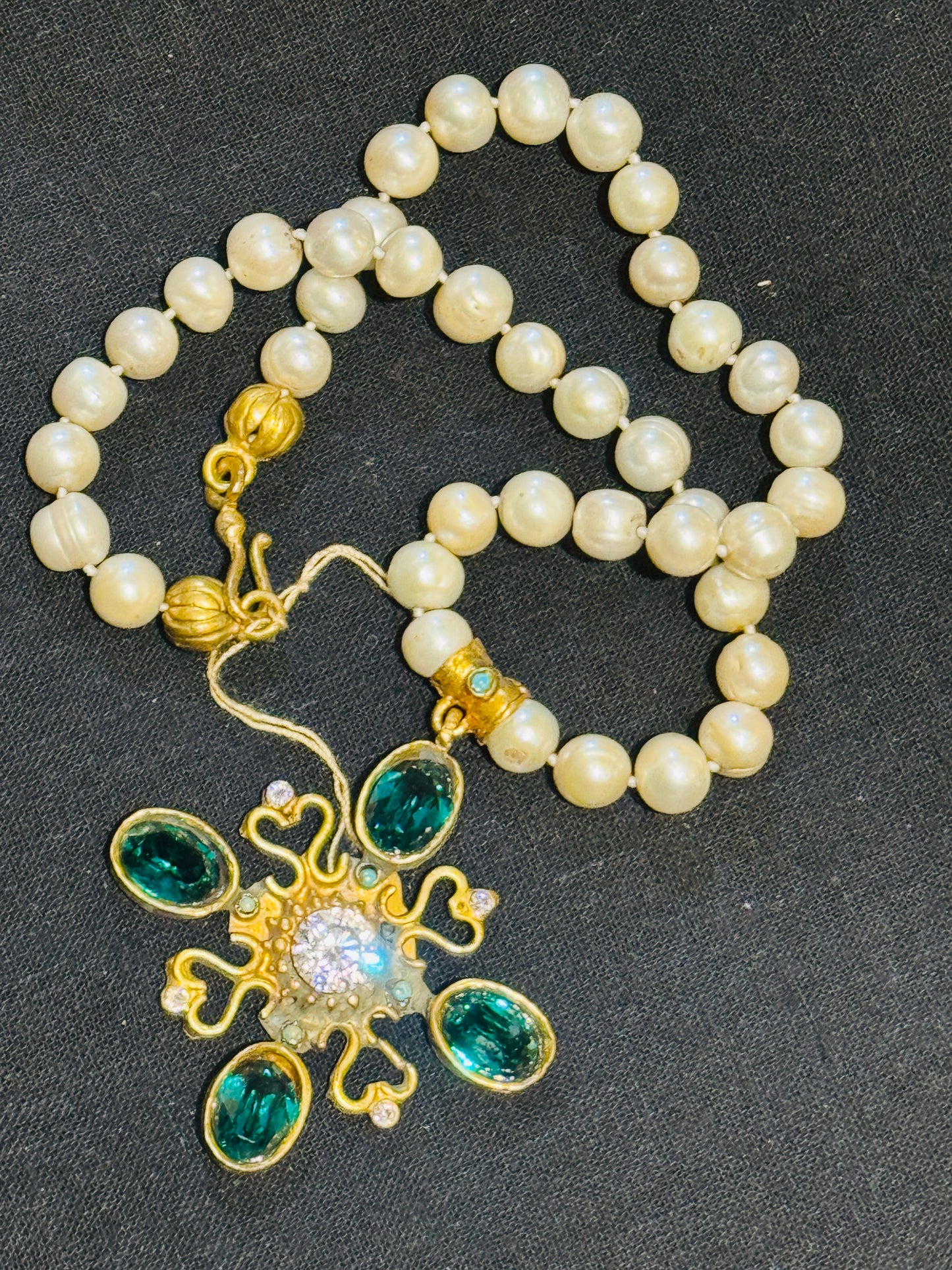 GEM ENCRUSTED BYZANTINE CROSS HAND KNOTTED PEARLS NECKLACE