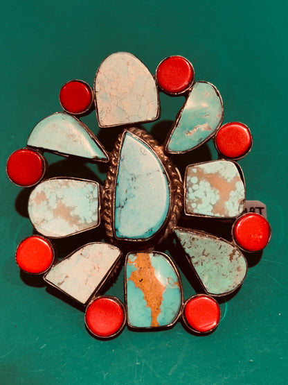 TURQUOISE AND CORAL ADJUSTABLE MEGA RING