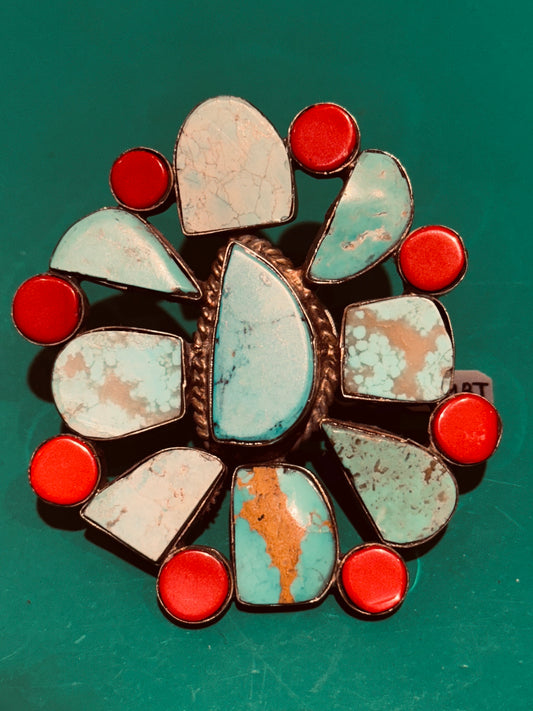 TURQUOISE AND CORAL ADJUSTABLE MEGA RING