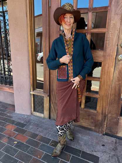 TEAL TRIBAL TRIMMED ZIP CARDIGAN