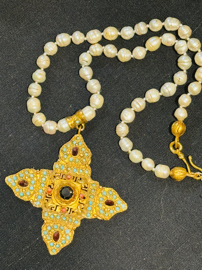 GEM ENCRUSTED BYZANTINE CROSS HAND KNOTTED PEARLS NECKLACE