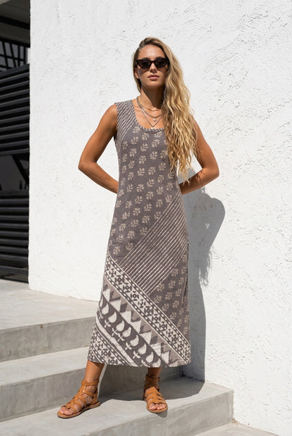 GREY BIAS CUT SLIP DRESS COTTON HANDPRINT – SERRAHNA