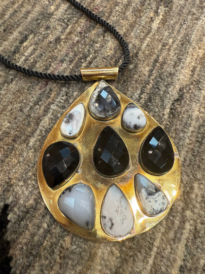 BIG BRASS TEARDROP GEMSTONE PENDANT NECKLACE