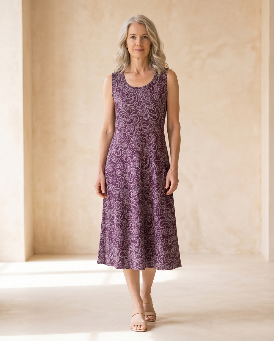 PLUM LACE PRINT COTTON SLIP DRESS