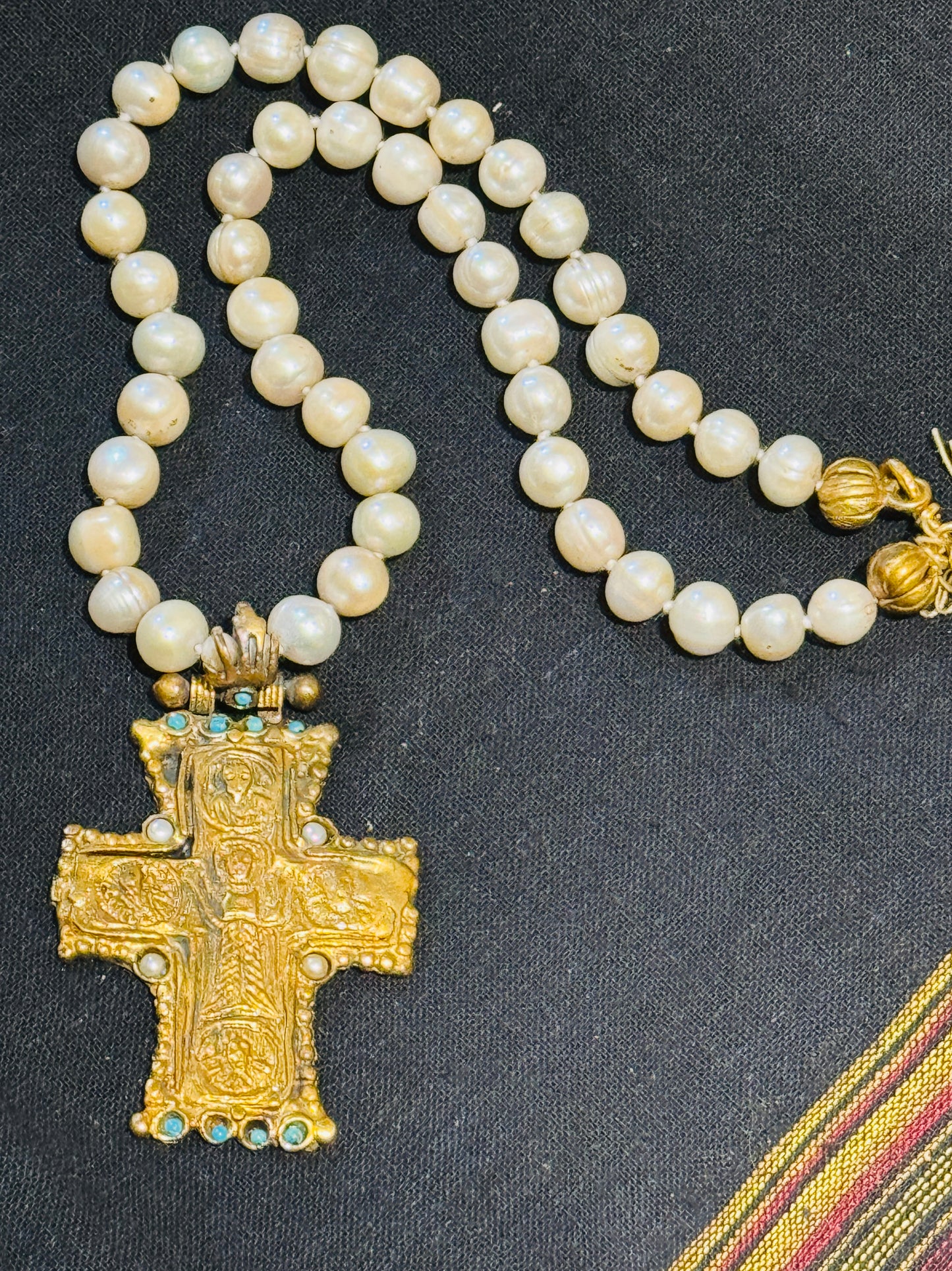 GEM ENCRUSTED BYZANTINE CROSS HAND KNOTTED PEARLS NECKLACE
