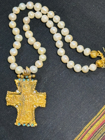 GEM ENCRUSTED BYZANTINE CROSS HAND KNOTTED PEARLS NECKLACE