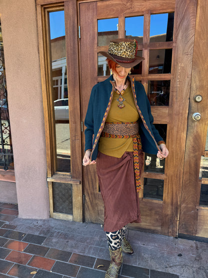 TEAL TRIBAL TRIMMED ZIP CARDIGAN