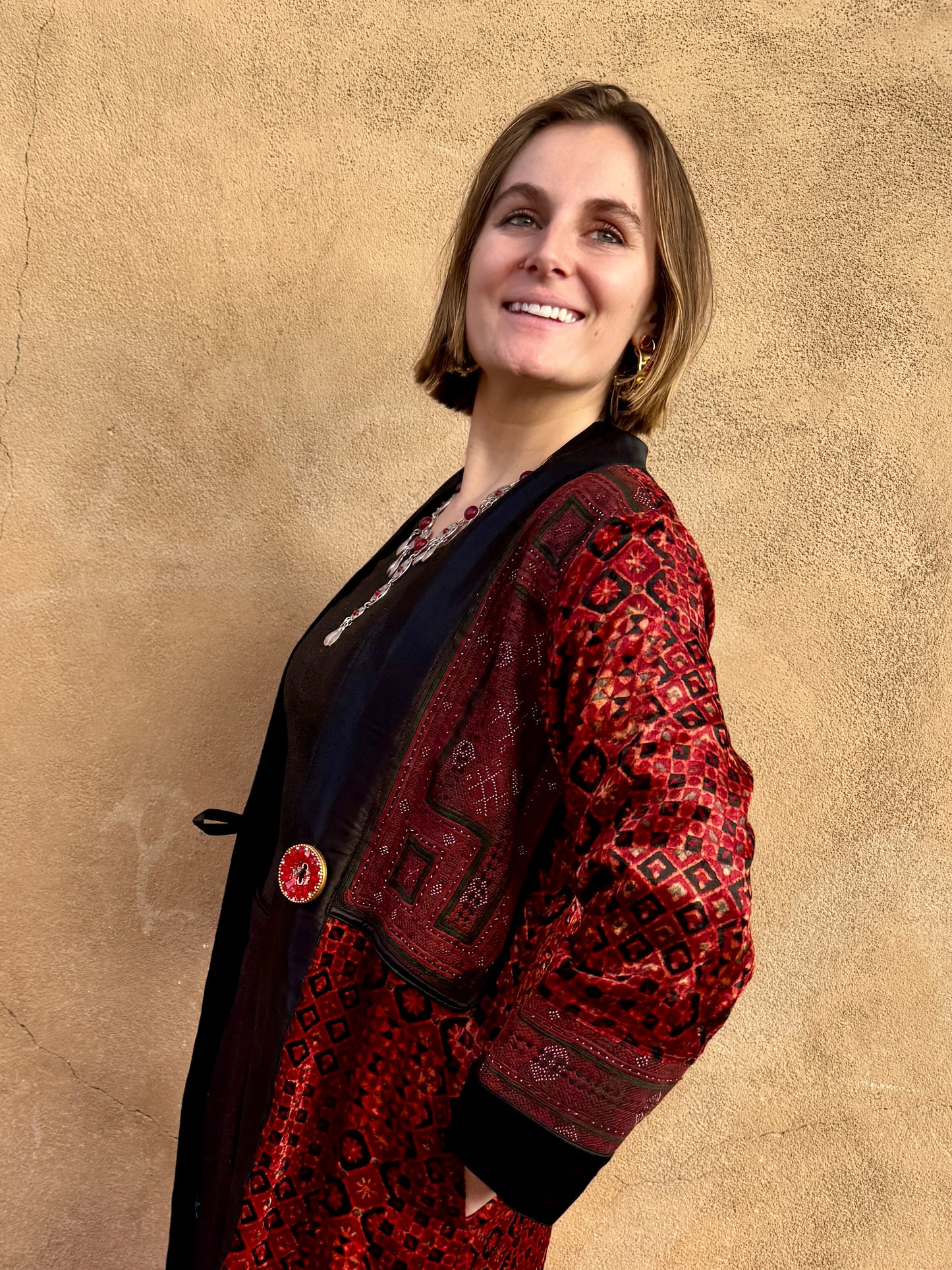 LUXE VELVET RED HAND EMBROIDERED SWING COAT