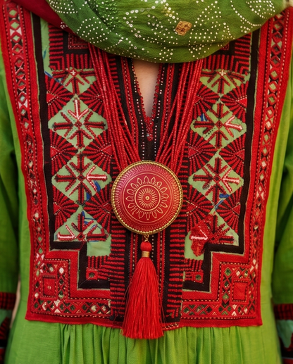 PARROT GREEN AFGHAN EMBROIDERED DRESS SERRAHNA PARROT GREEN AFGHAN EMBROIDERED DRESS SERRAHNA