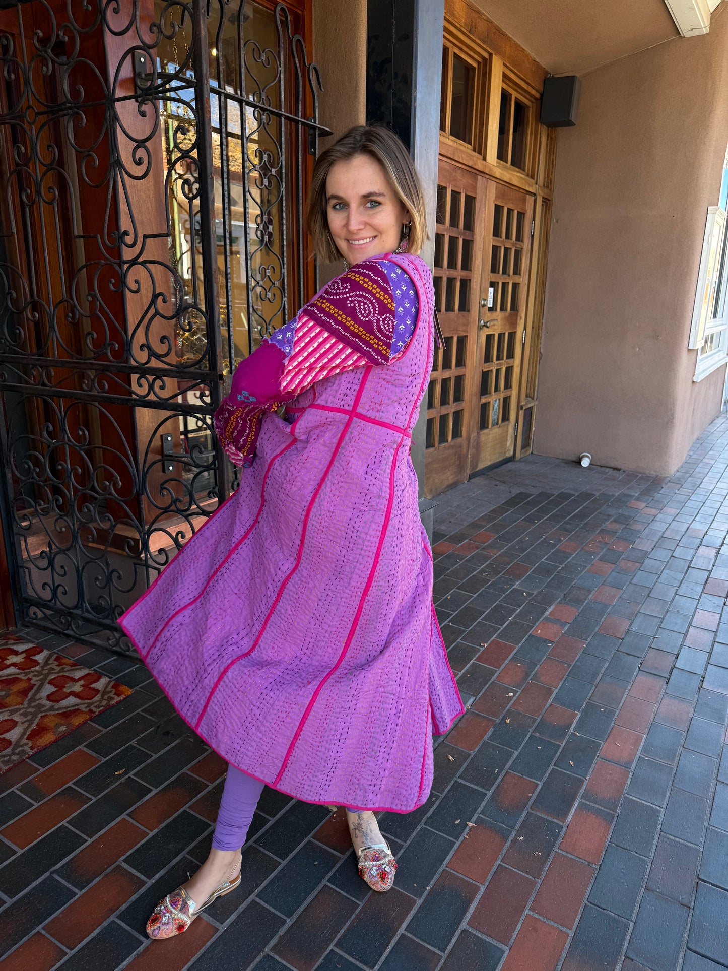 LONG PATCHWORK VEST IN PLUM AND PINK