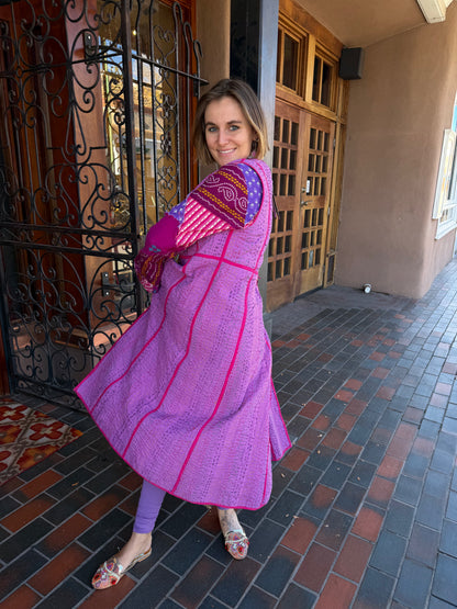 LONG PATCHWORK VEST IN PLUM AND PINK