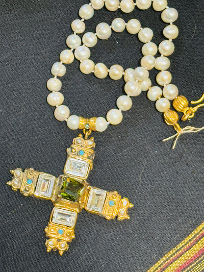 GEM ENCRUSTED BYZANTINE CROSS HAND KNOTTED PEARLS NECKLACE