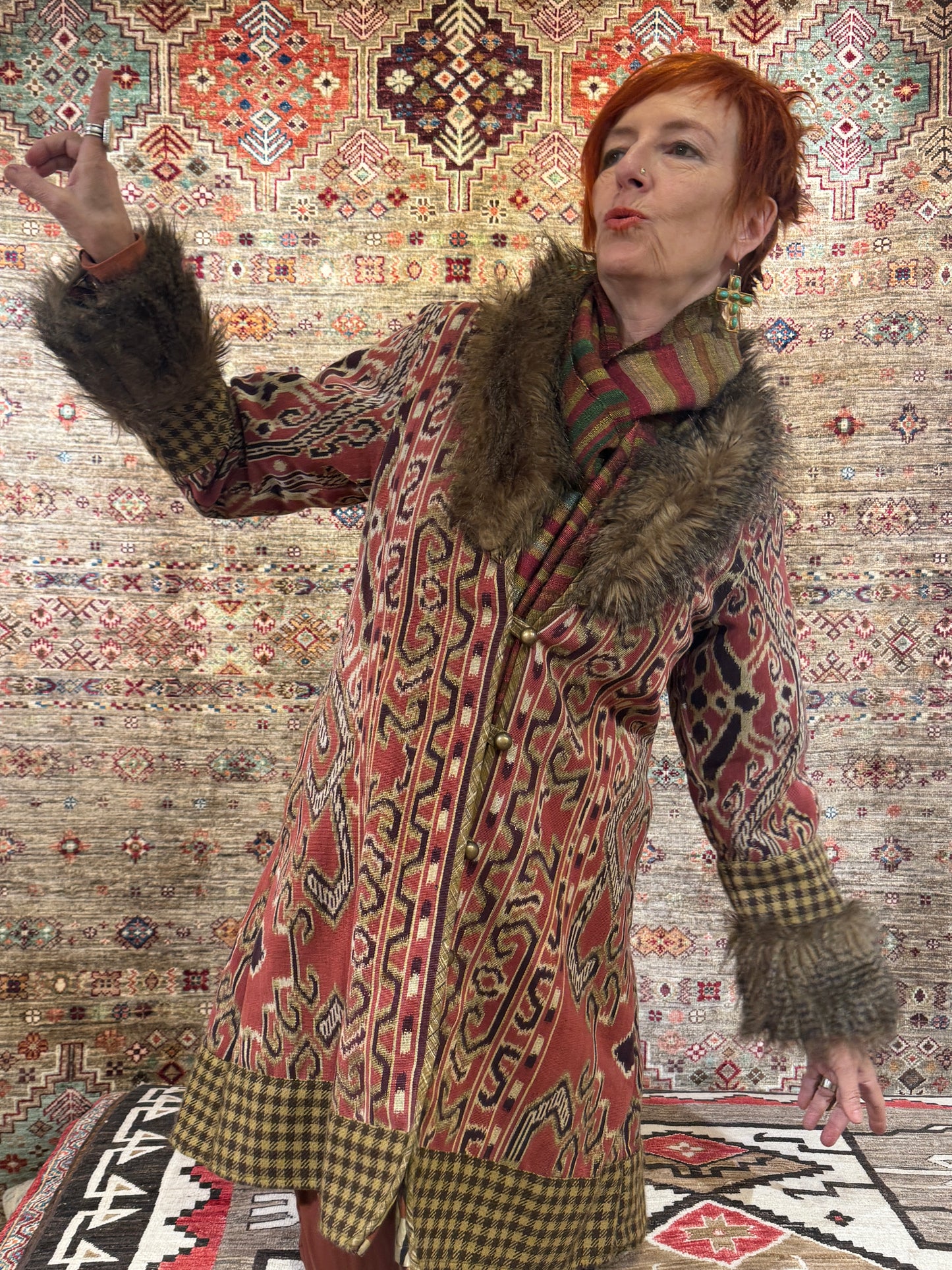 IKAT FAUX FUR HOUNDS TOOTH COAT