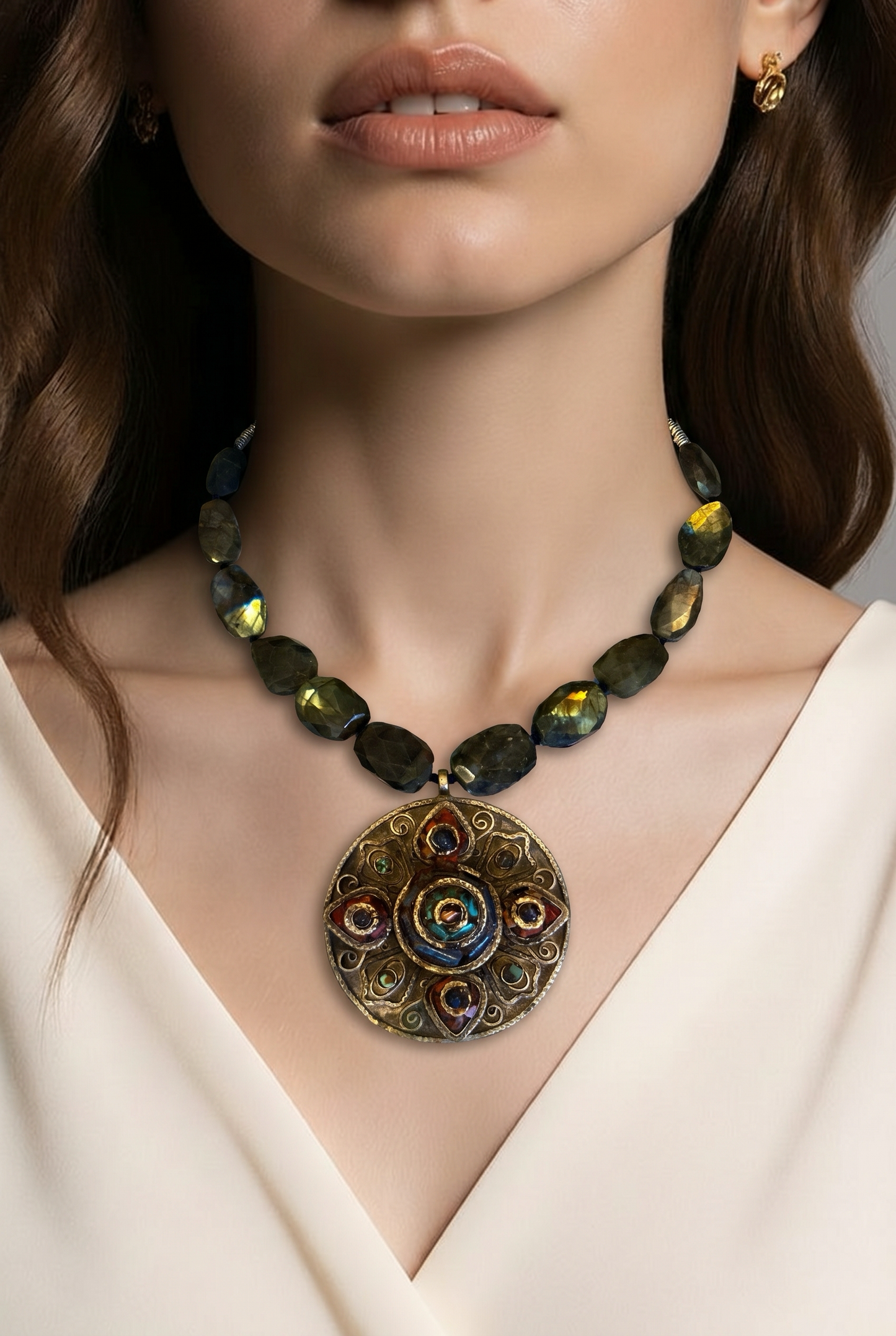 OLD MULTI STONE MANDALA LABRADORITE NECKLACE
