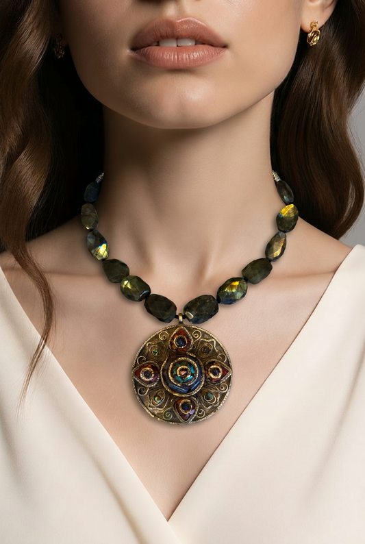 OLD MULTI STONE MANDALA LABRADORITE NECKLACE