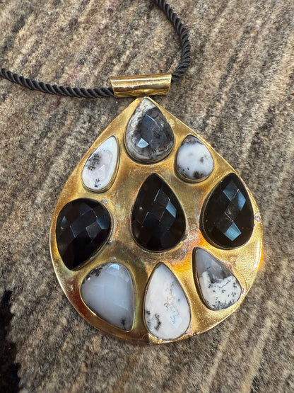 BIG BRASS TEARDROP GEMSTONE PENDANT NECKLACE
