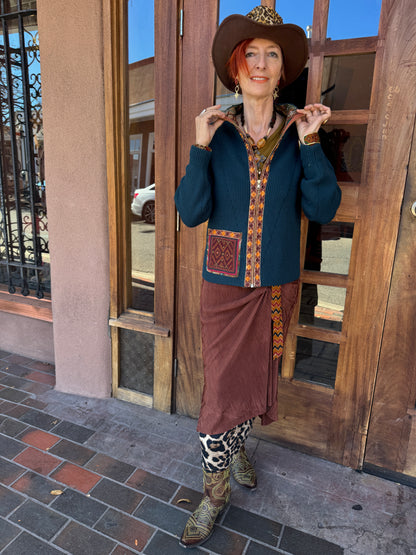 TEAL TRIBAL TRIMMED ZIP CARDIGAN