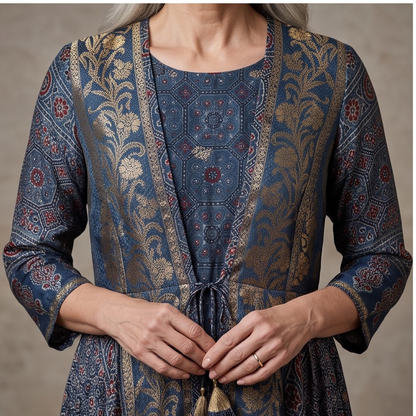 AZEEZA LUXURIOUS INDIGO BROCADE HANDPRINT