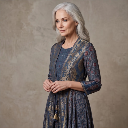 AZEEZA LUXURIOUS INDIGO BROCADE HANDPRINT