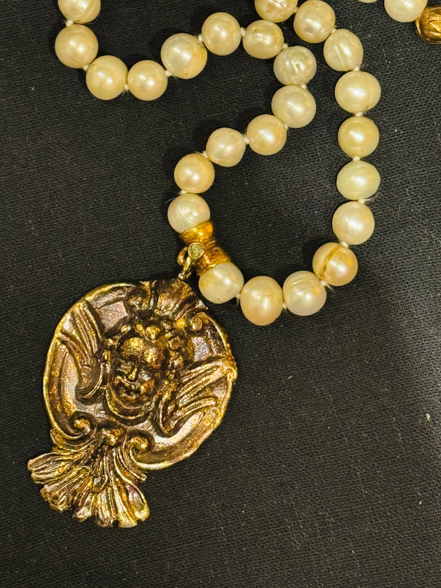 GEM ENCRUSTED BYZANTINE CROSS HAND KNOTTED PEARLS NECKLACE