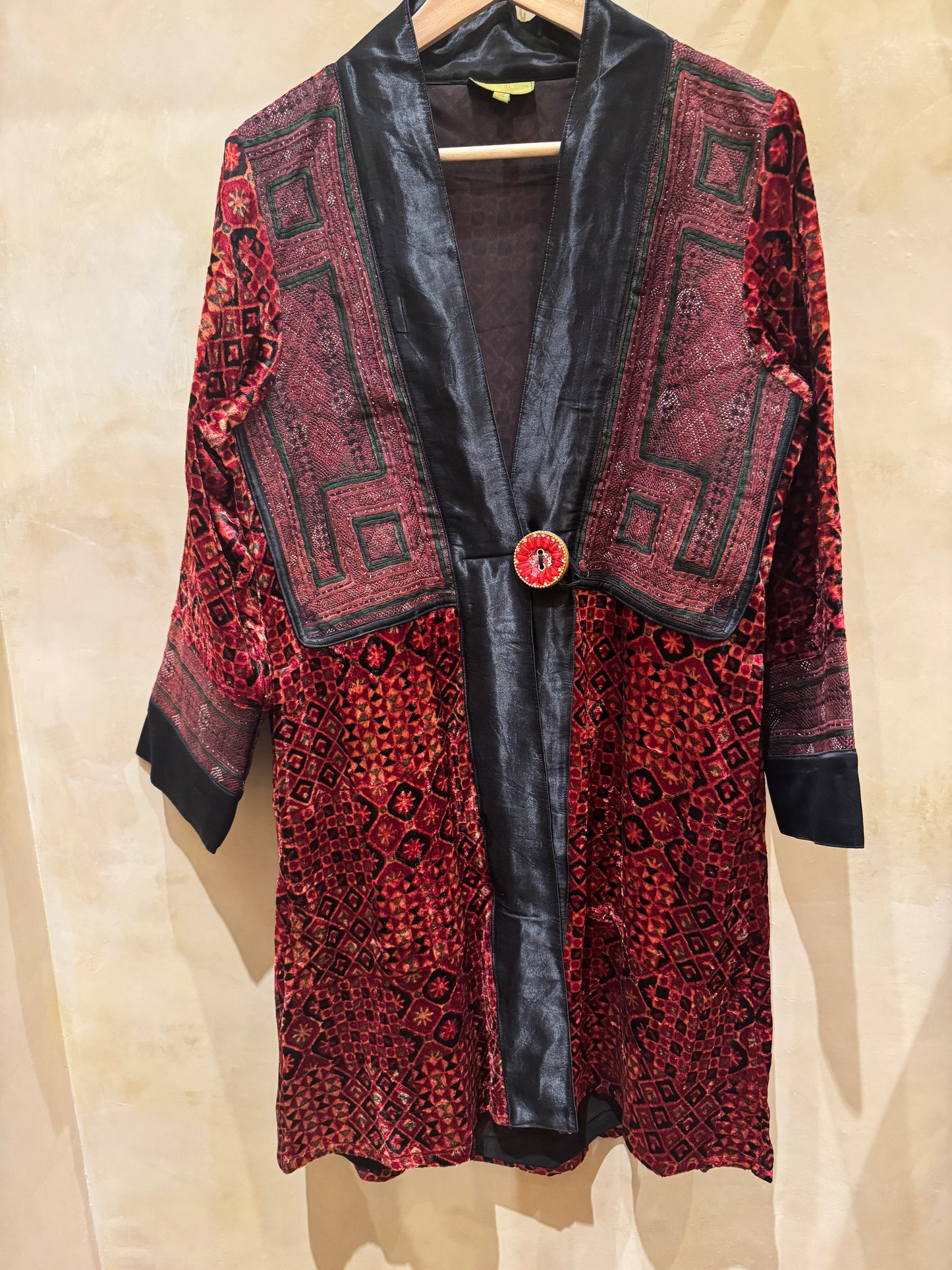 LUXE VELVET RED HAND EMBROIDERED SWING COAT