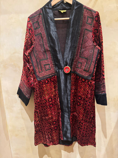 LUXE VELVET RED HAND EMBROIDERED SWING COAT