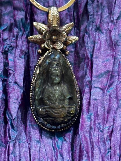 QUAN YIN HAND CARVED LABRADORITE PENDANT COLLAR NECKLACE