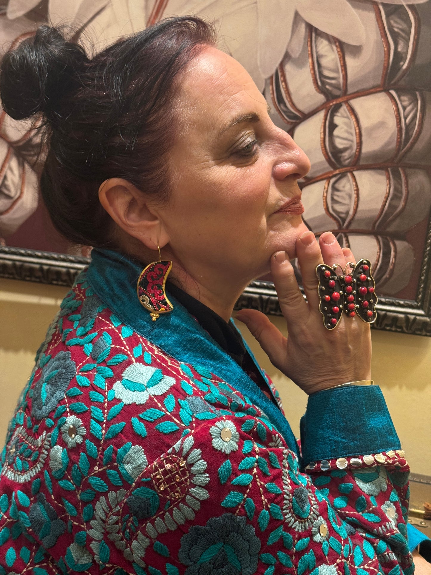 INTRICATELY EMBROIDERED MOON SLIVER EARRINGS