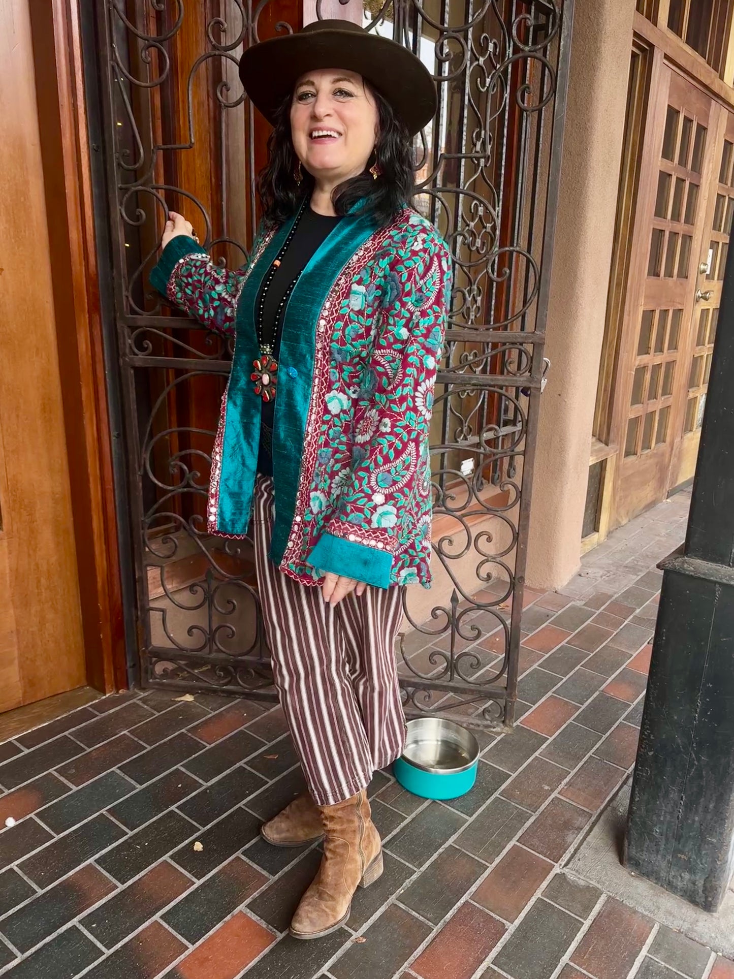 WINE & TEAL ROSES  EMBROIDERED SWING JACKET