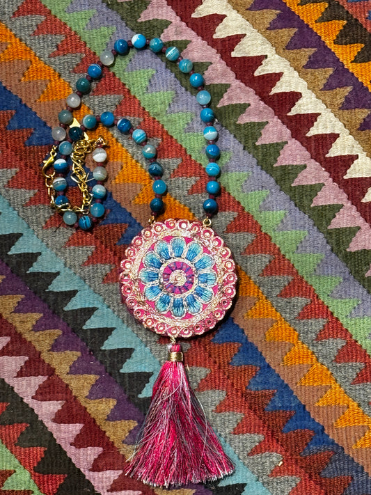 BLUE CRYSTAL BLING PATCH TASSEL NECKLACE