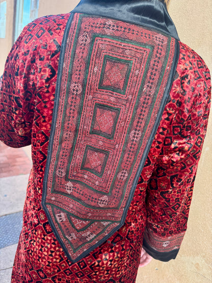 LUXE VELVET RED HAND EMBROIDERED SWING COAT