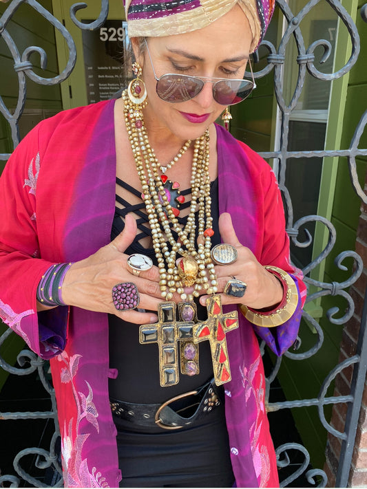 GEMSTONE STUDDED CROSSES WITH DIRTY PEARLS NECKLACE