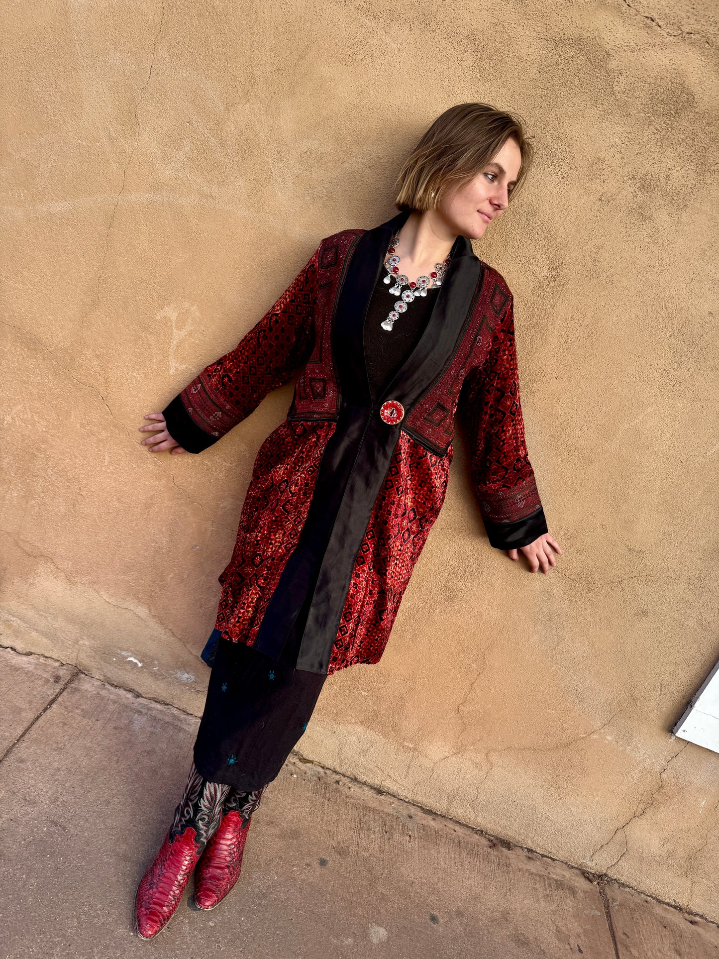 LUXE VELVET RED HAND EMBROIDERED SWING COAT