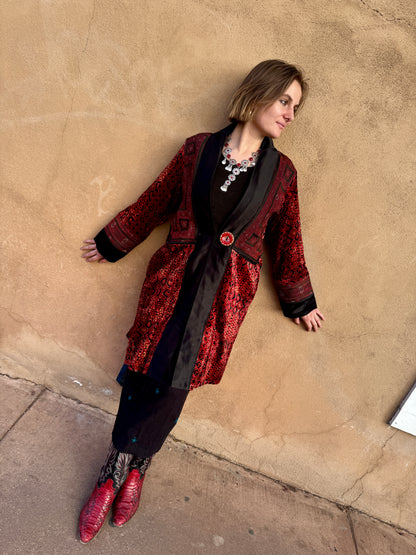 LUXE VELVET RED HAND EMBROIDERED SWING COAT