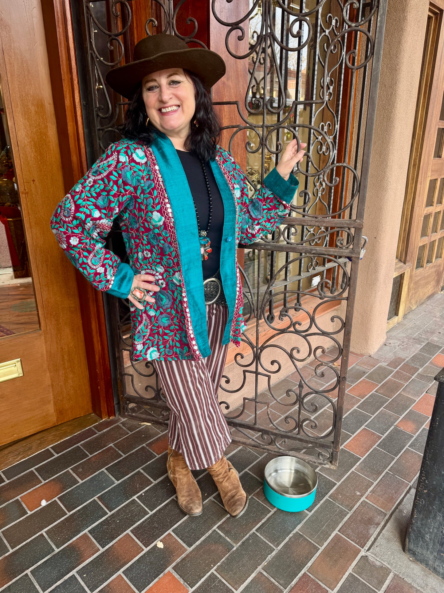 WINE & TEAL ROSES  EMBROIDERED SWING JACKET