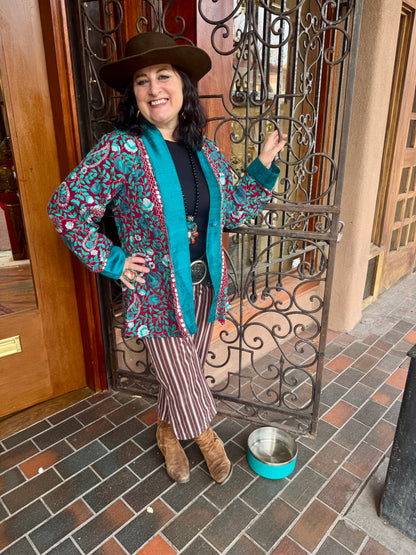 WINE & TEAL ROSES  EMBROIDERED SWING JACKET